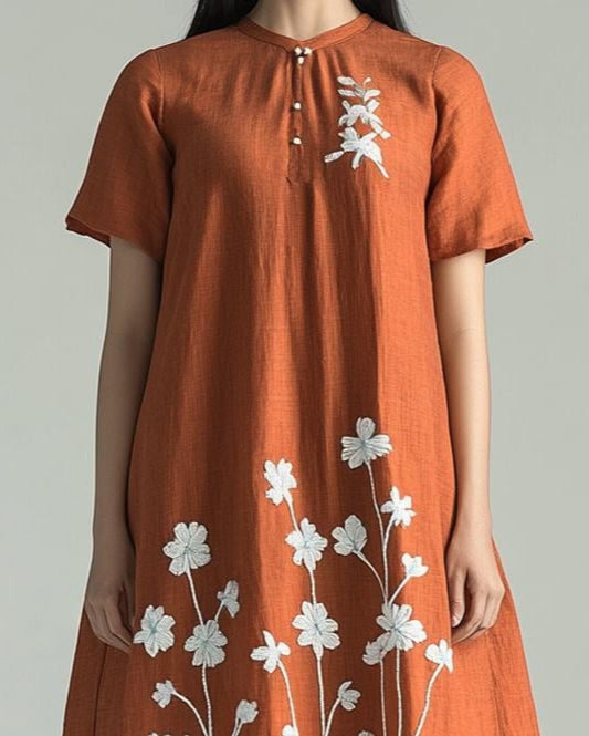 Customizable Floral Embroidered Flared Linen Dress, Loose Fit, Elegant Boho Style, Detailed Hand Embroidery | SKU.250702A