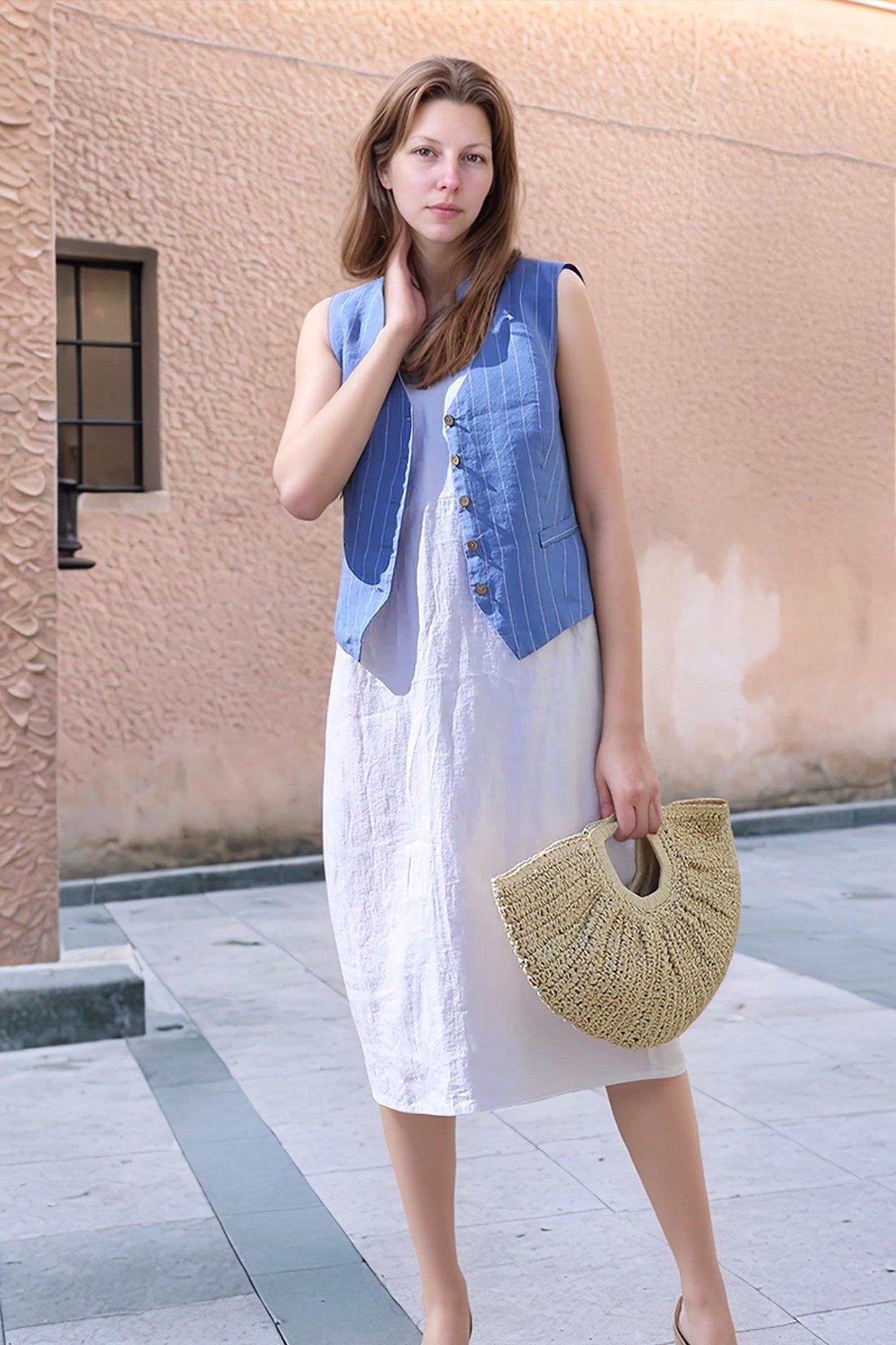 Sleeveless Linen Midi Dress with Tie Waist, V-Neck Summer Casual Dress, Lightweight Soft Natural Fabric | SKU.25T14T7F