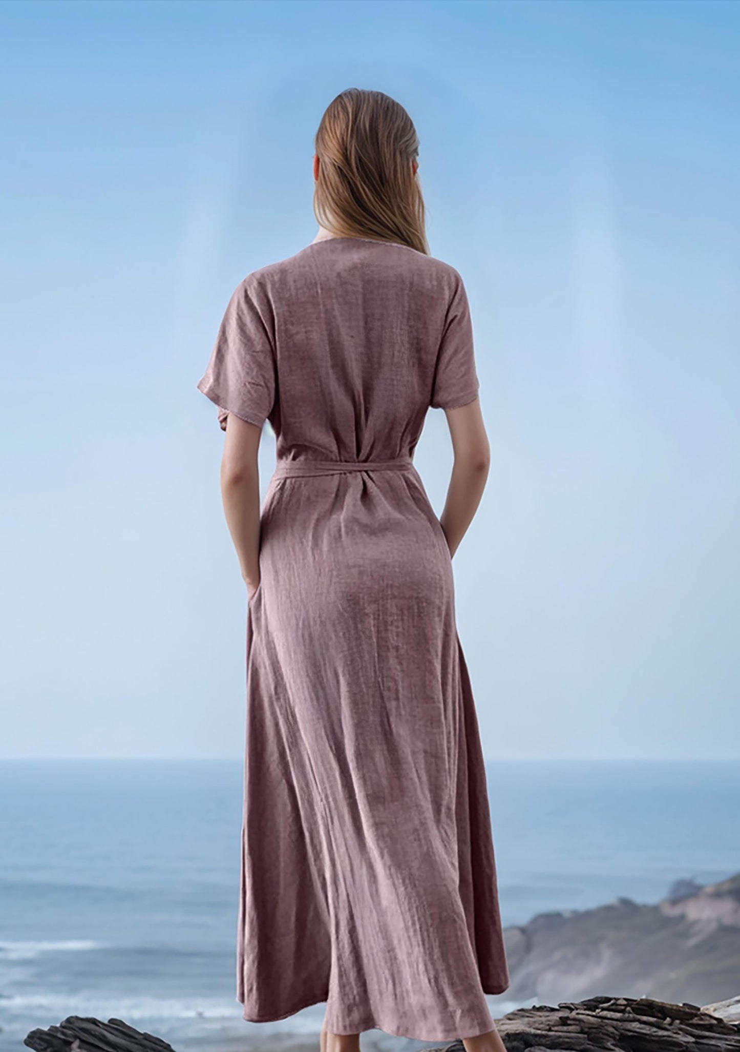 Custom Linen Wrap Maxi Dress - Elegant Long Sleeve V-Neck Dress, Flowy Fit, Made to Order | SKU.25T14T3G