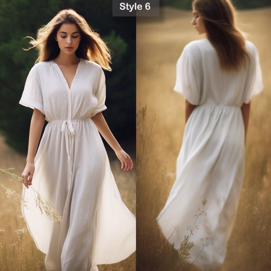 V Neck Linen Shirtdress | Loose Fit & Breathable | Stylish Summer Attire | Linen Dress - Ideal for Mother's Day - Gift for Her | 230809A
