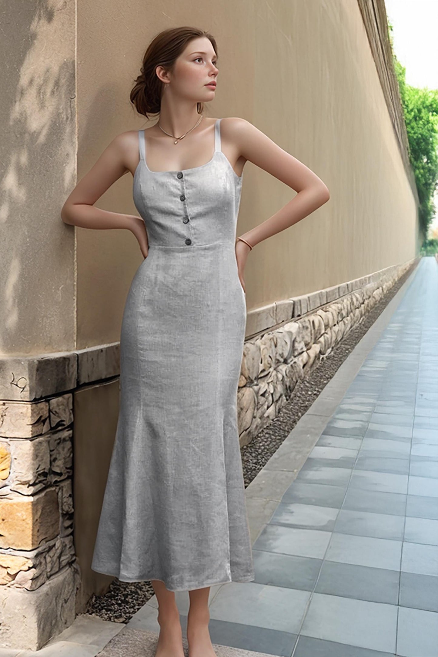 Gray Linen Midi Dress for Women | Square Neck Sleeveless Dress | Summer Linen Sundress with Buttons | SKU.25T11T4F