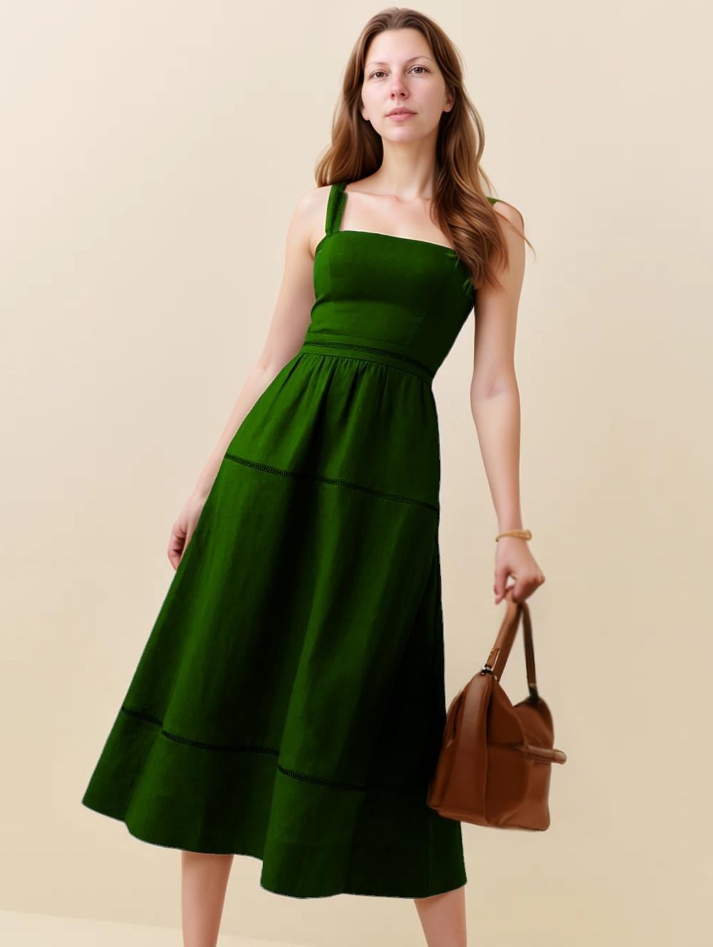 Green Linen Midi Dress with Square Neckline, Straps, and Tiered Skirt — Summer Sundress, Customizable Fit | SKU.25T15T3U