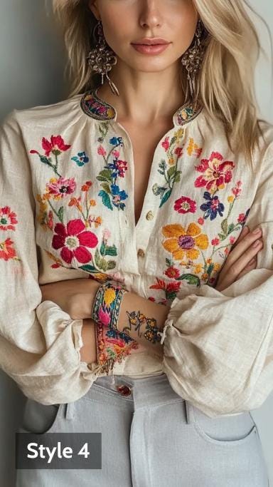 Bohemian Embroidered Linen Blouse, European Folk Floral Top, Beige Ethnic Chic Button-Up Blouse | 241026B