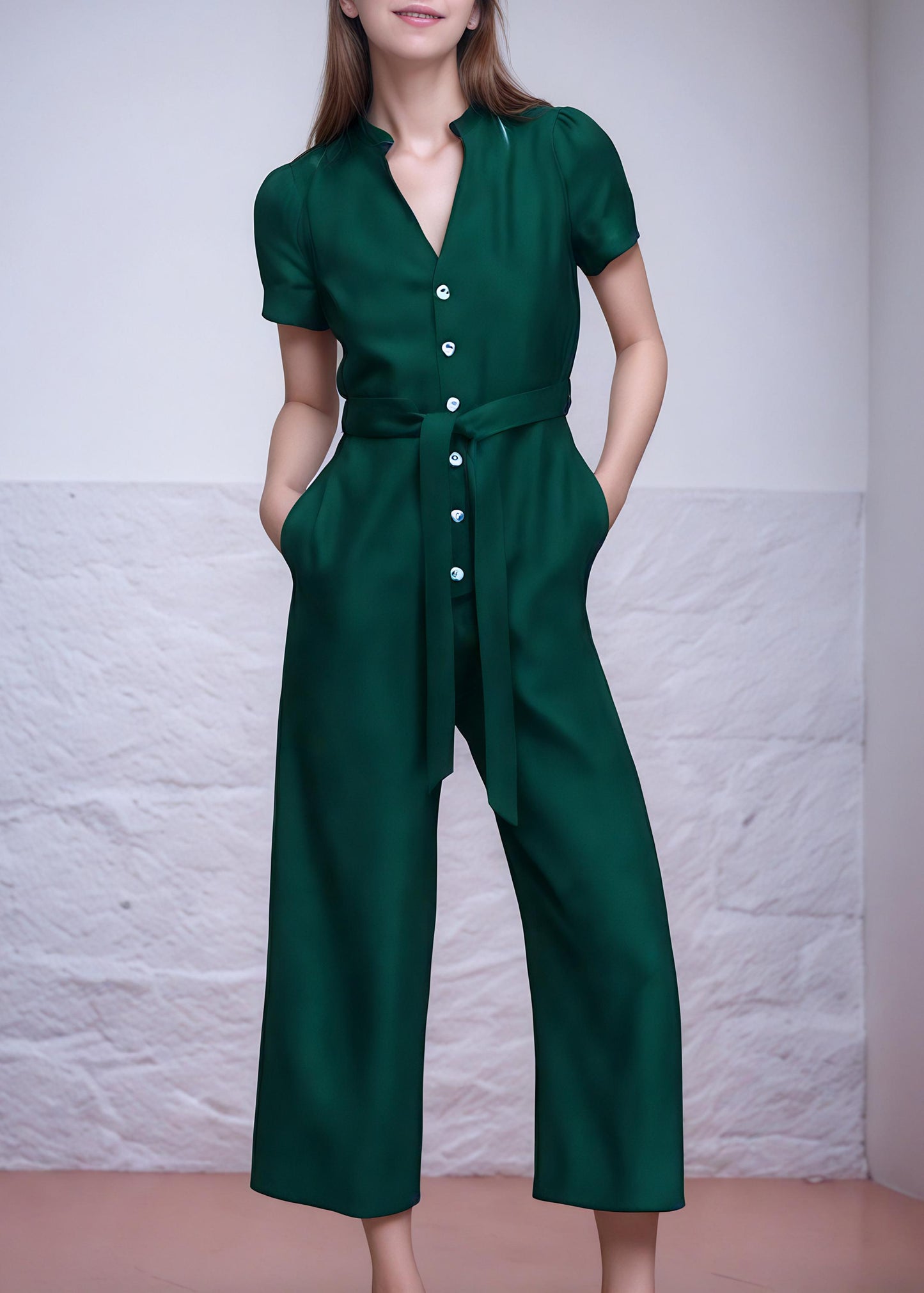 Elegant Satin Wide-Leg Jumpsuit | Short-Sleeve Button-Down Belted Romper  | SKU.25T11T7G