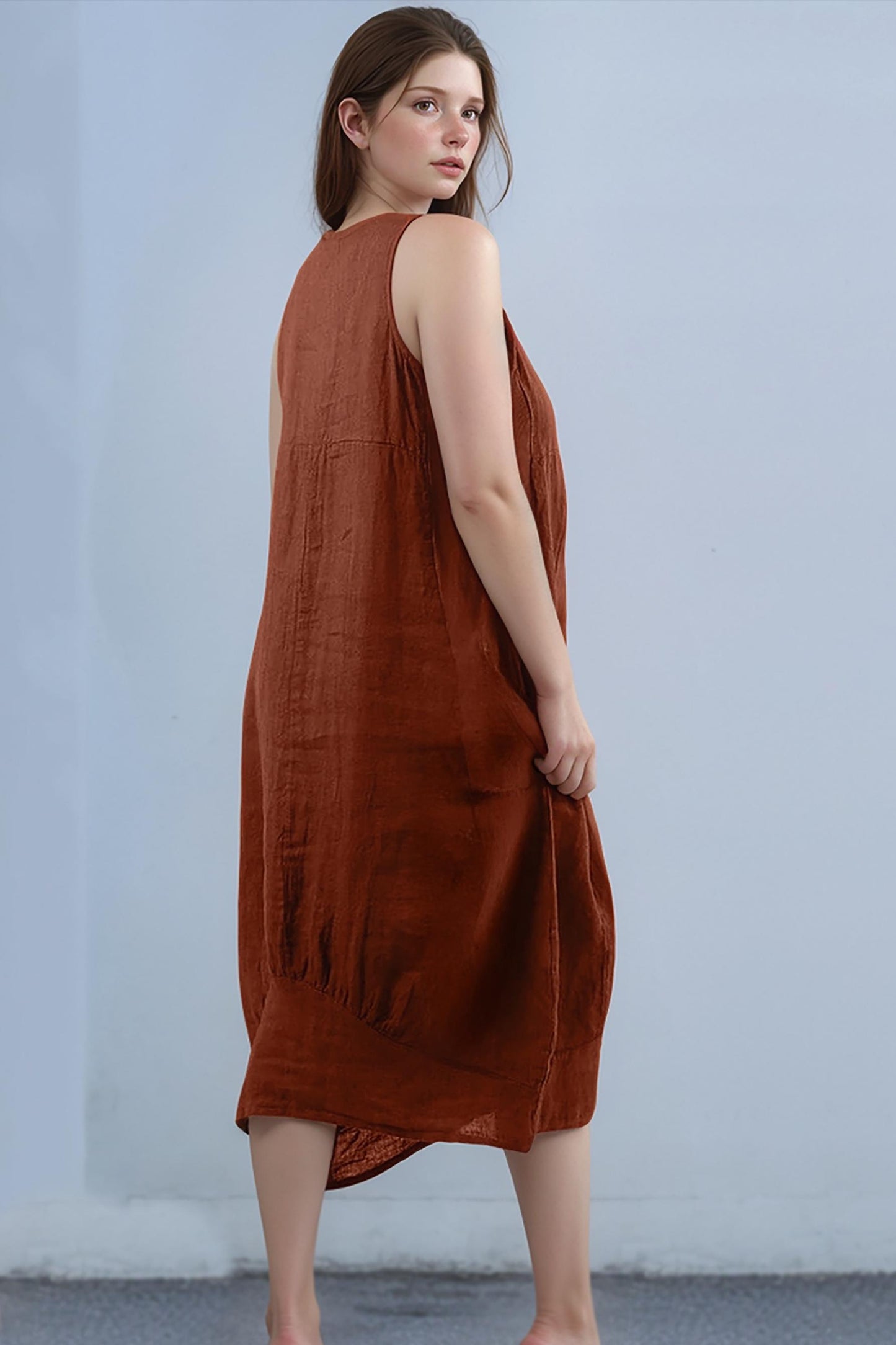 Rust Orange Sleeveless Linen Midi Dress with Pockets - Relaxed Fit | SKU.25T11T7A
