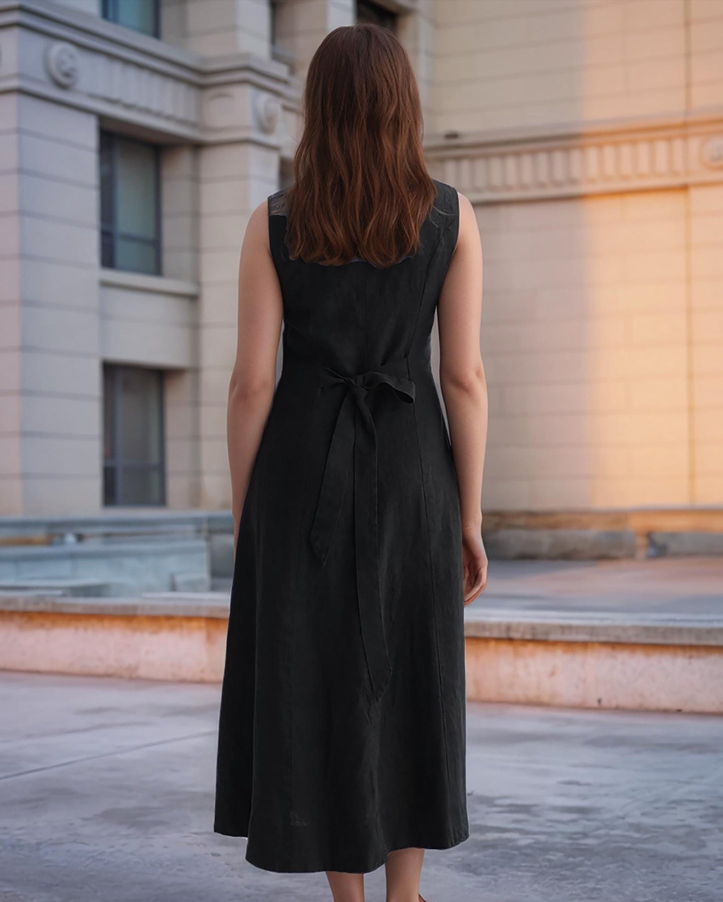 Sleeveless Black Linen Maxi Dress, V-Neck Button Front, Waist Tie, Summer Boho Chic, Custom Fit, Elegant Casual Dress | SKU.25T14T7K