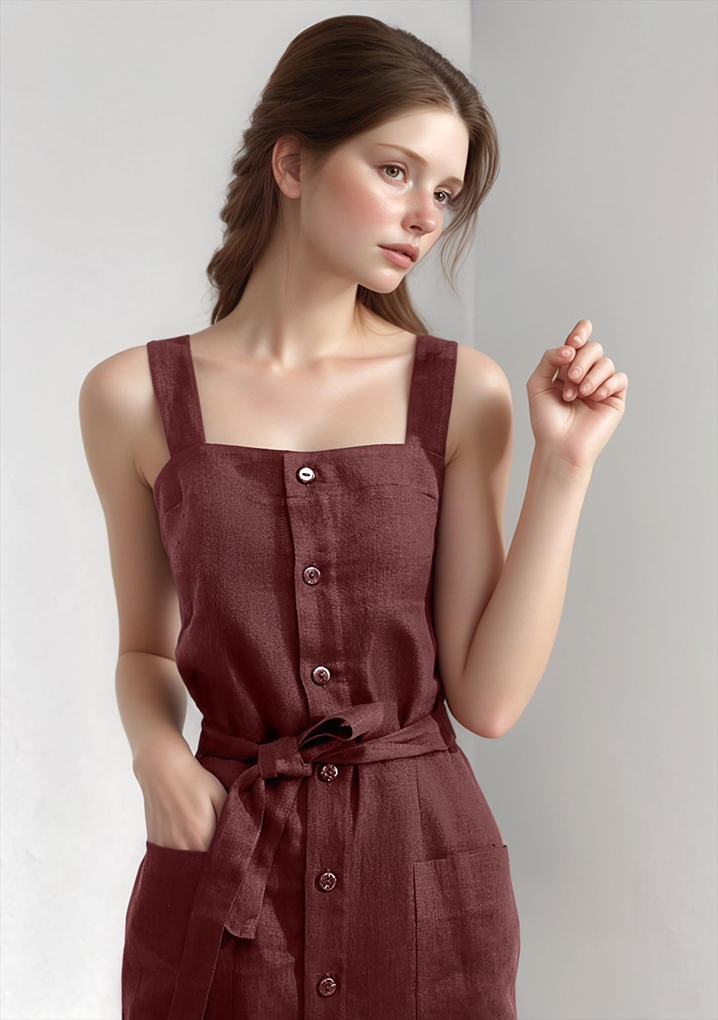 Custom Sleeveless Midi Button Dress, Square Neck Summer Dress, Belted Casual Dress with Pockets | SKU.25T14T5W