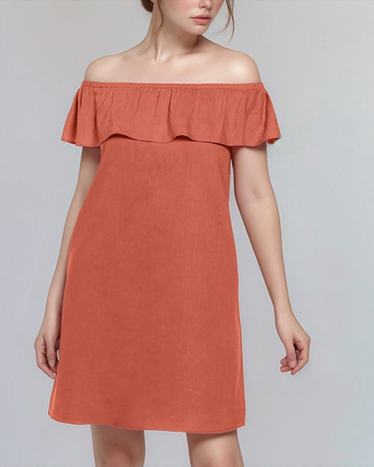 Off-Shoulder Linen Dress – Casual Summer Dress for Women, Boho Chic Loose Fit | SKU.25T11CN