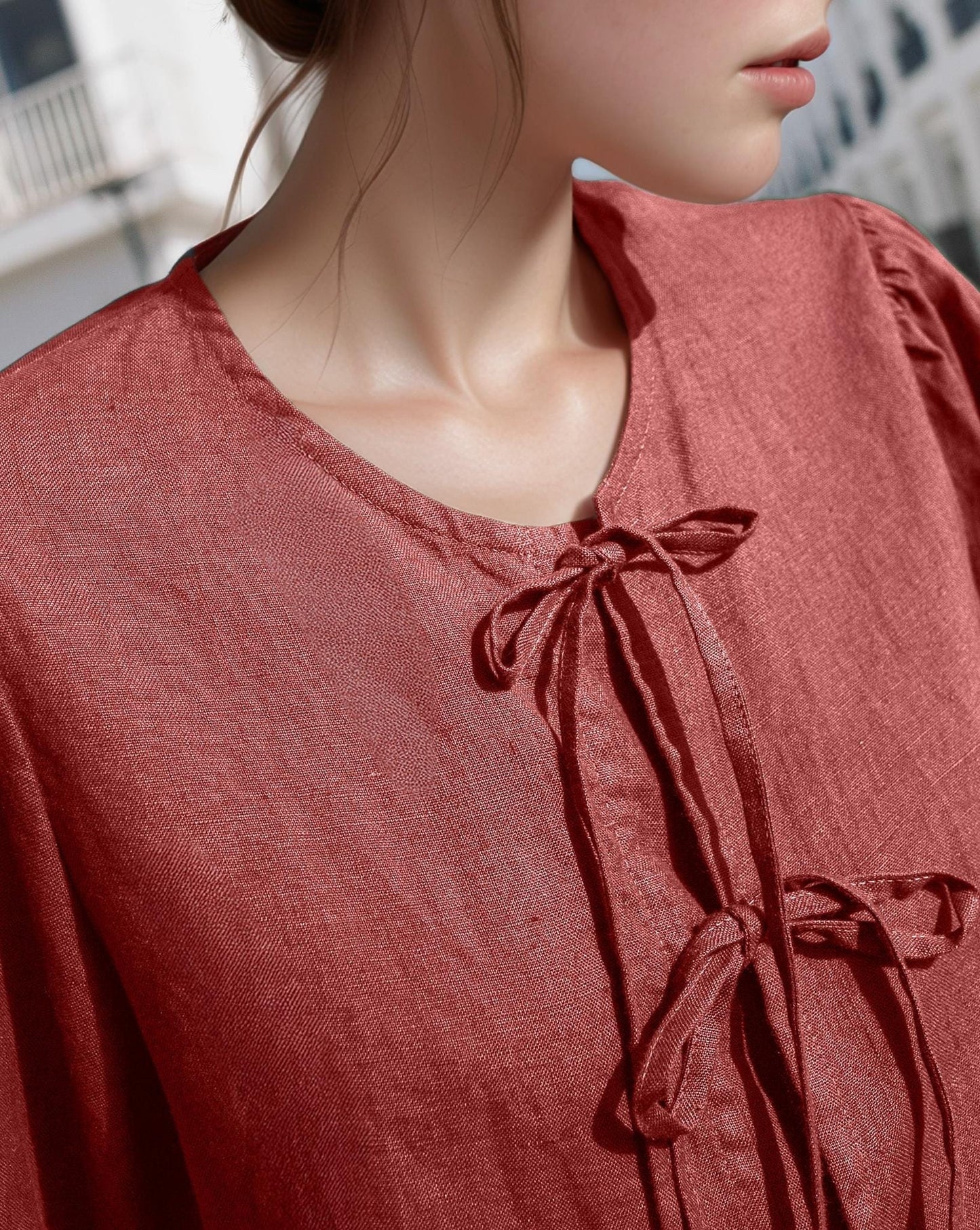 Romantic Linen Peplum Blouse with Bows, Puff Sleeve Vintage Top, Feminine Summer Shirt, Loose Fit, Handmade Linen Blouse | SKU.25T22T3A