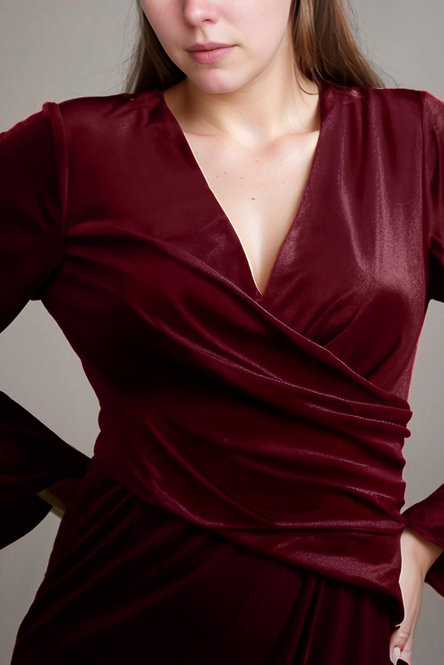 Burgundy Velvet Wrap Dress – Elegant Long Sleeve Midi Dress for Formal Events & Weddings | SKU.25T17T6H