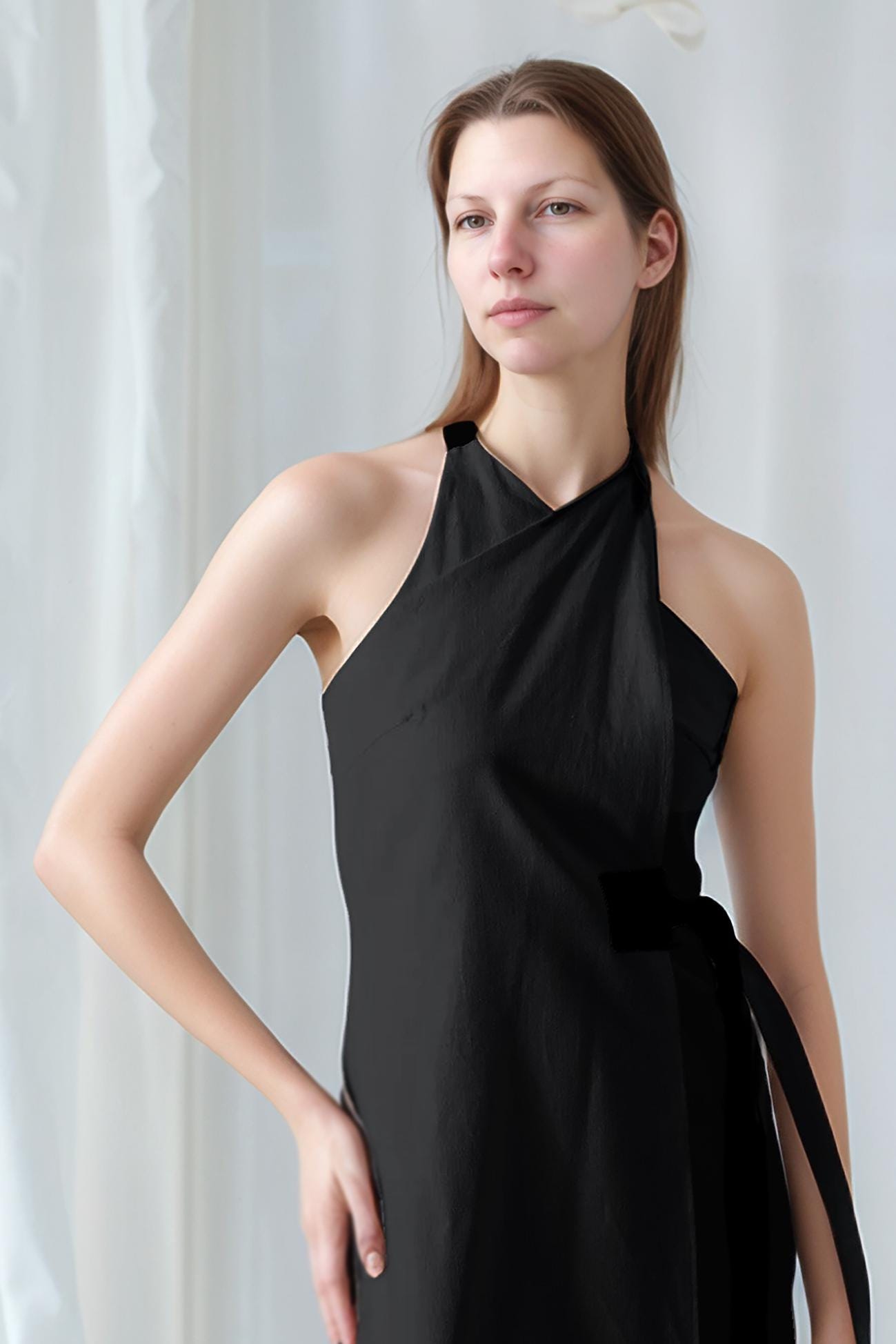 Black Halter Neck Wrap Dress – Sleeveless Open Back Midi Dress for Women | SKU.25T11T3D