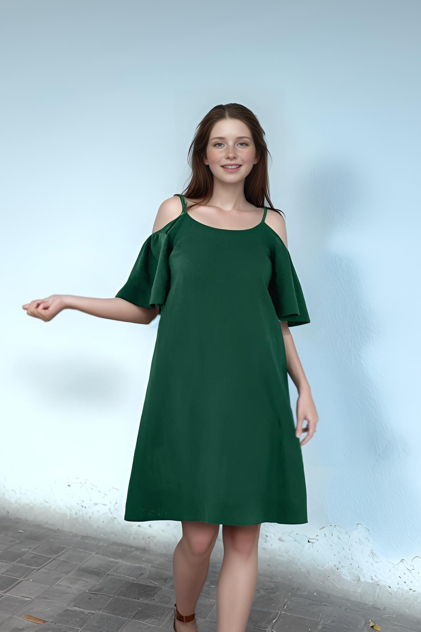Women's Cold Shoulder A-Line Dress – Flowy Summer Midi Dress with Ruffle Sleeves | SKU.25T09T7A
