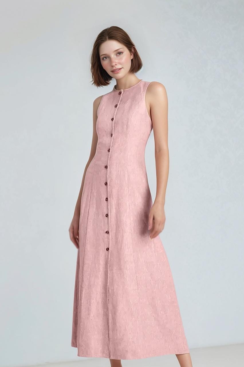 Sleeveless Pink Linen Midi Dress, Button Down Summer Dress, A-Line Casual Elegant Dress for Women | SKU.25T11T3H