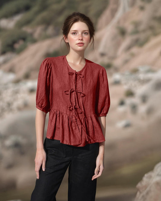 Romantic Linen Peplum Blouse with Bows, Puff Sleeve Vintage Top, Feminine Summer Shirt, Loose Fit, Handmade Linen Blouse | SKU.25T22T3A