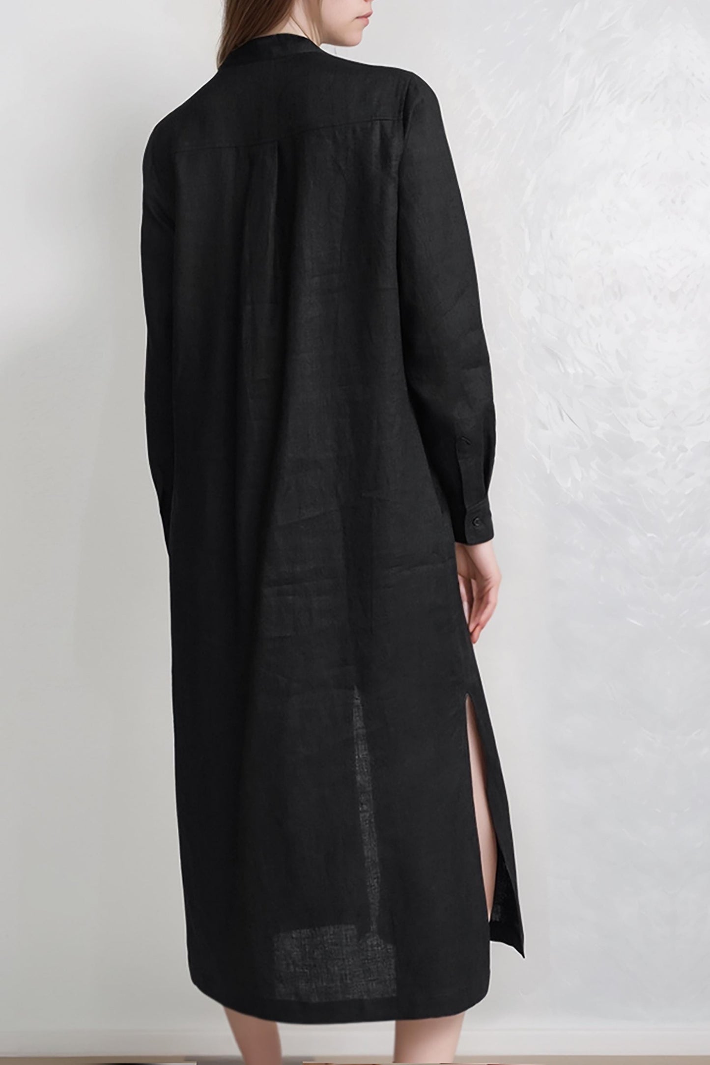 Linen Shirt Dress for Women, Long Sleeve Button Down Dress, Mandarin Collar Casual Dress, Loose Fit Linen Dress | SKU.25T15T3E
