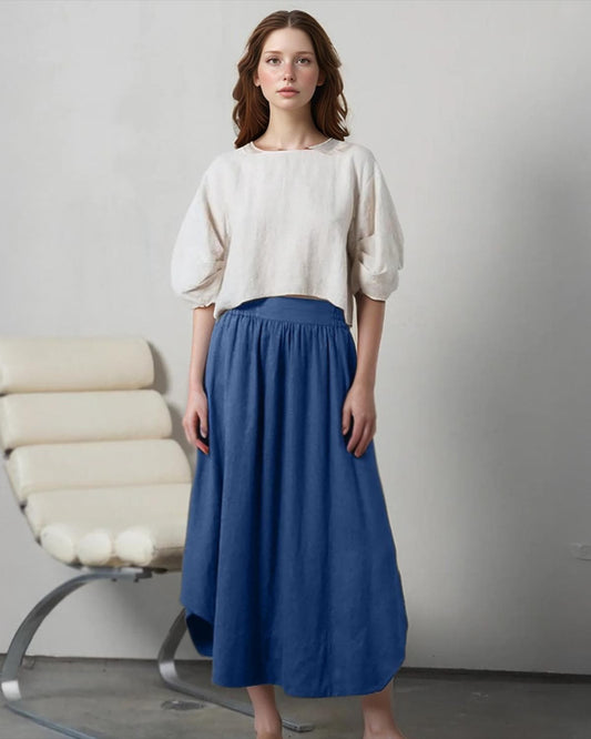 Blue Linen Midi Skirt - High Waist Elastic Waistband, Flowy A-Line Summer Skirt, Handmade Casual Skirt | SKU.25T15T5G