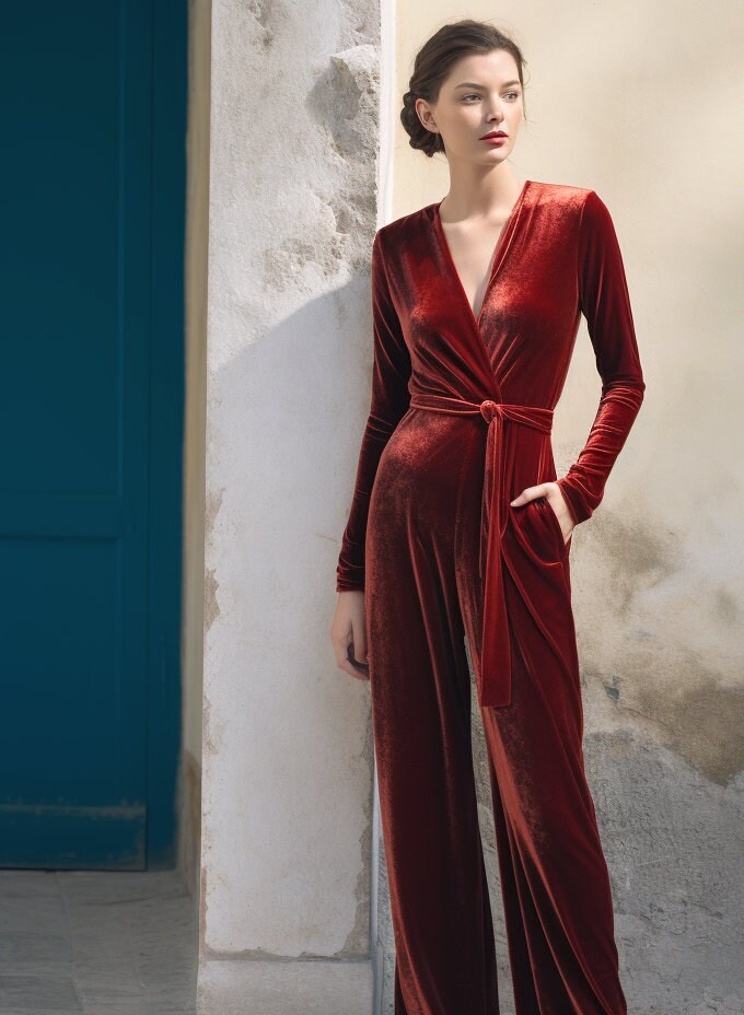 Chic Red Velvet Wide Leg Jumpsuit | Long Sleeves, Wrap Neck, Self-Tie Belt | Stylish Fall & Spring Outfit | Customizable | Personalizable