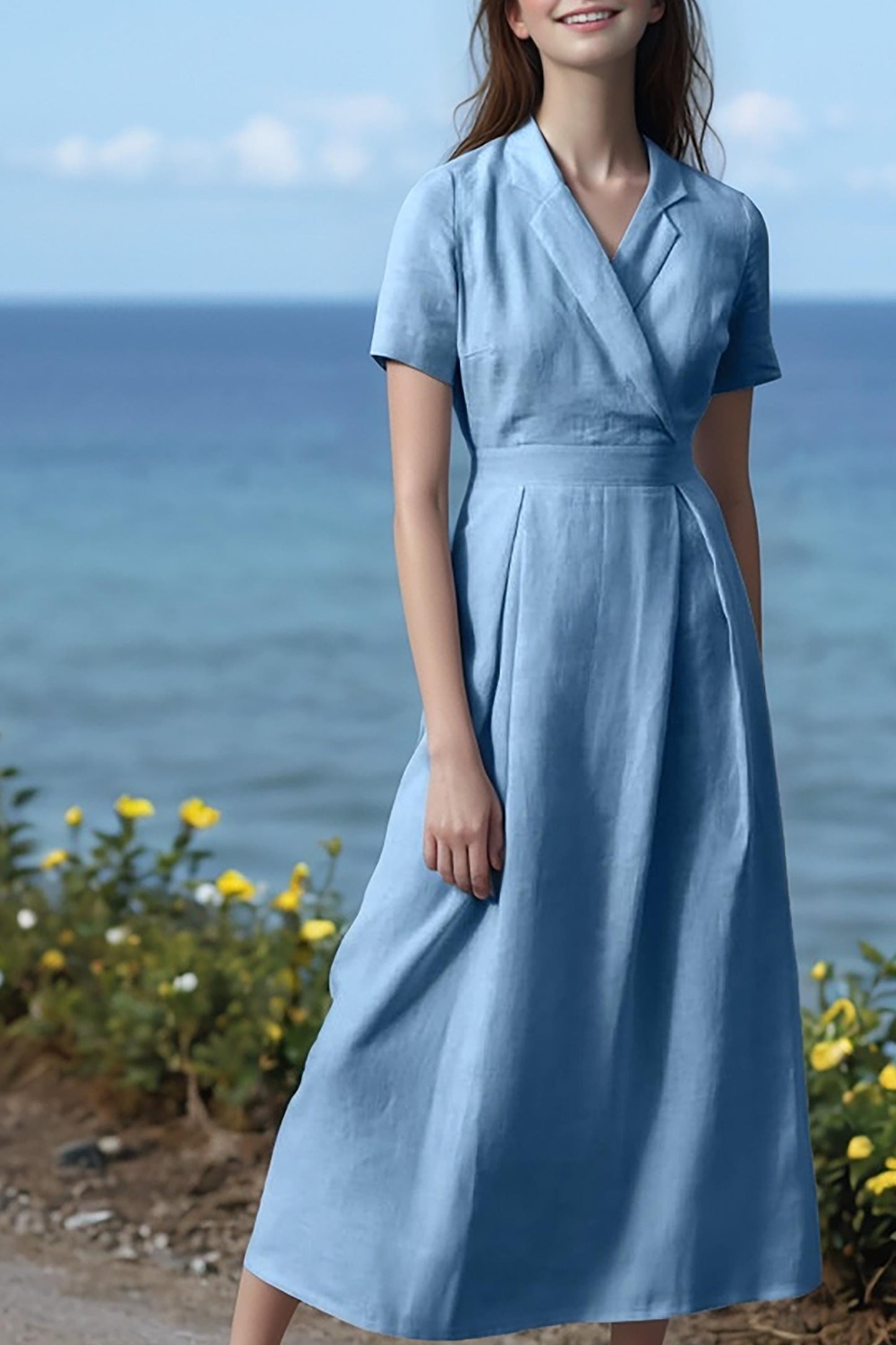 Light Blue Linen Midi Dress, Summer Short Sleeve Wrap Dress, Casual Elegant Beach Dress | SKU.25T11T3F