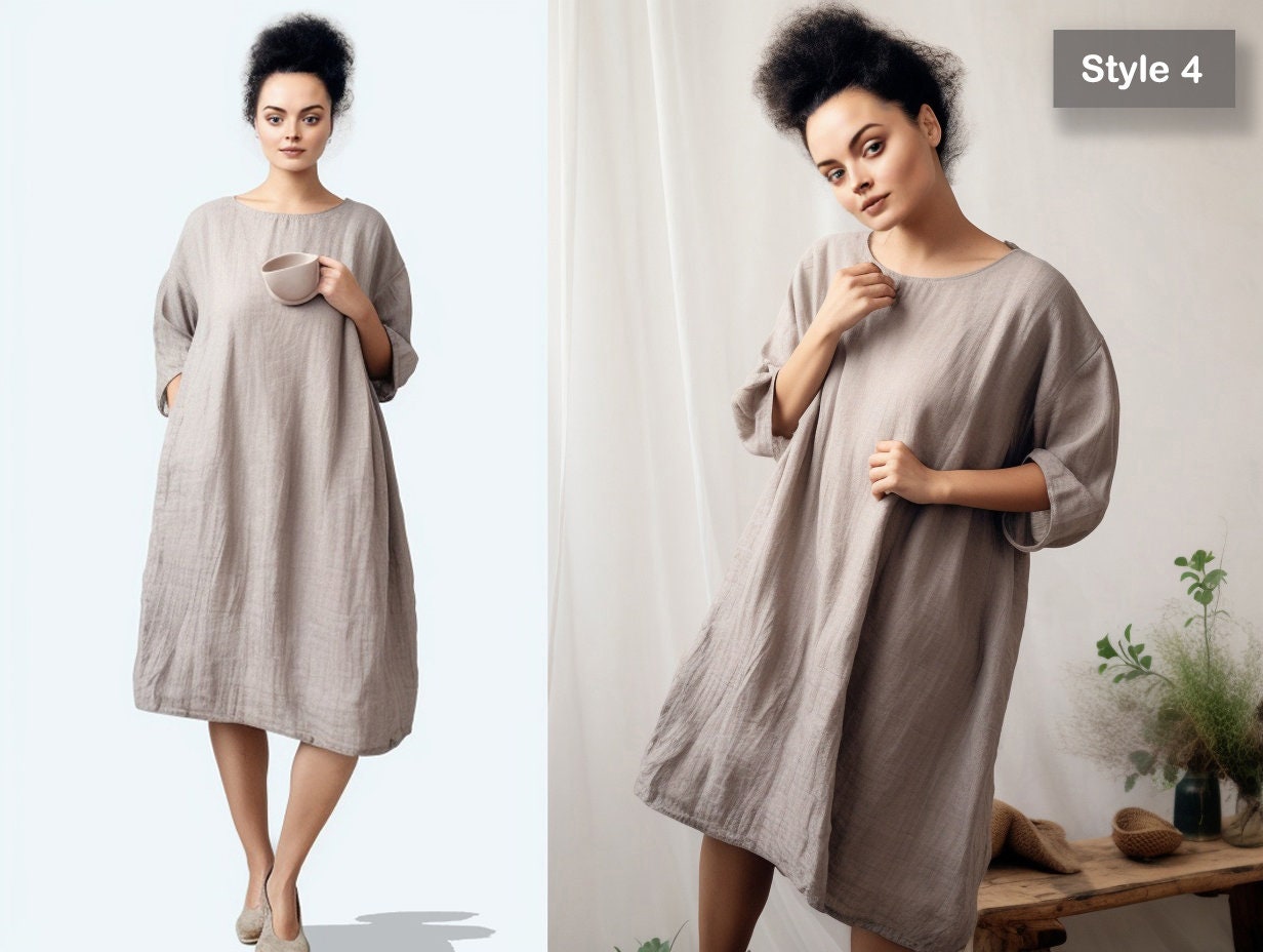 Linen Circle Dress with Pockets - Knee-Length Skater Dress - Linen Dress 3/4 Sleeves and Crew Neckline | Customizable | 230807A