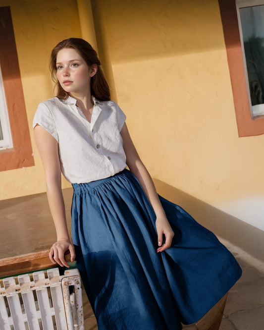 High-Waisted Linen Midi Skirt with Gathered Waist and Pockets, Retro 1950s A-Line Flared Skirt, Custom Fit for Women| SKU.25T22T2T
