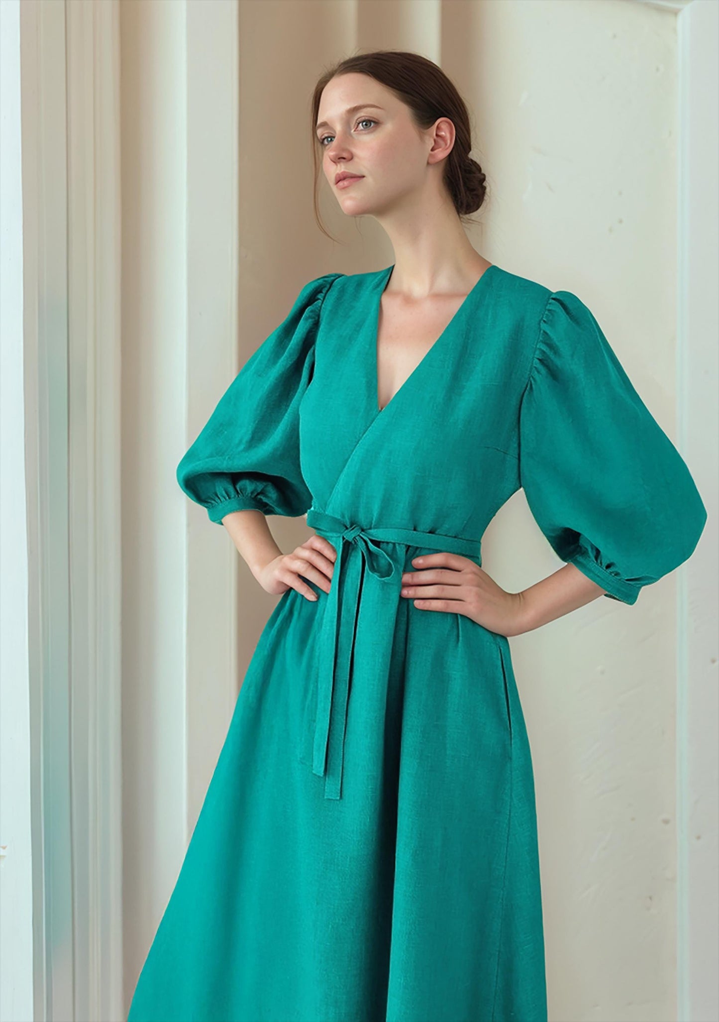Custom Puff Sleeve Wrap Dress â€“ Linen Blend Midi Dress with Tie Waist, Romantic V-Neck Silhouette | SKU.25T14T3H