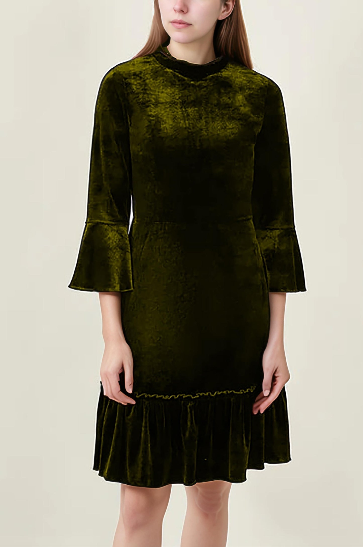Vintage Olive Velvet Dress - High Neck Flare Sleeve Dress, Ruffled Hem Midi Dress, Elegant Retro Evening Dress | SKU.24T17T5M
