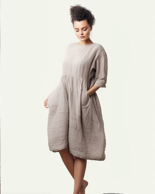 Linen Circle Dress with Pockets - Knee-Length Skater Dress - Linen Dress 3/4 Sleeves and Crew Neckline | Customizable | 230807A