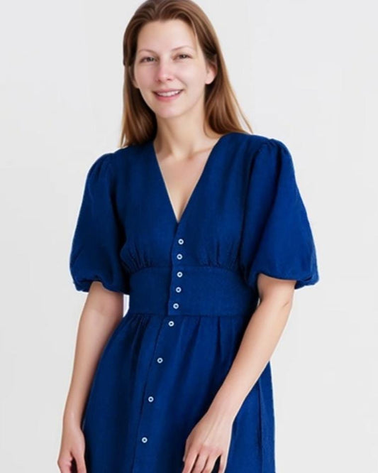 Linen Midi Dress with Puff Sleeves, Button-Front, V-Neck, Summer Casual Fit, Blue Linen Dress with Pockets | SKU.25T14T7D