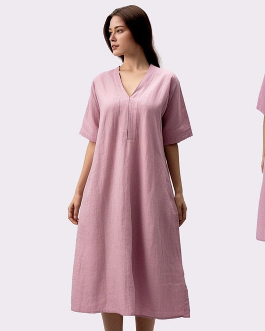V Neck Linen Dress | Loose Fit & Breathable | Stylish Summer Dress | 3/4 Sleeve Linen Dress - Mothers Day Gift - Gift for Her | 230506B