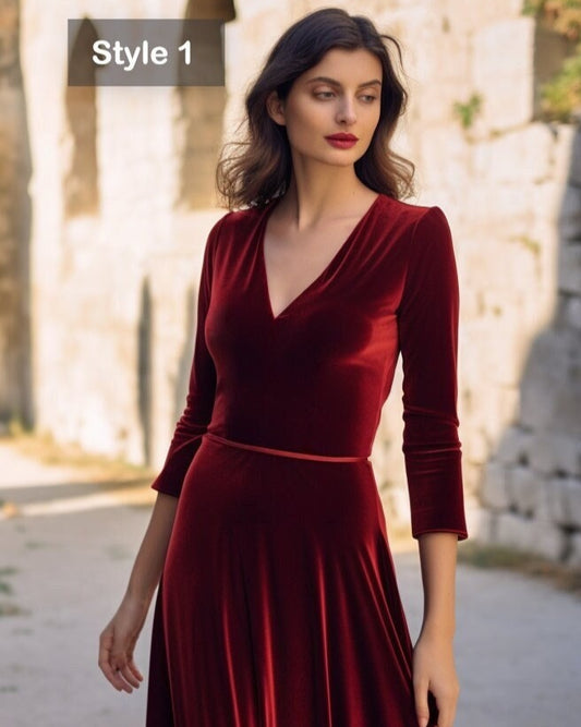 Velvet Midi Dress with Long Sleeves, V-Neck, and Closed Back - Below Knee Length - Elegant Women's Fashion | Customizable | Personalizable