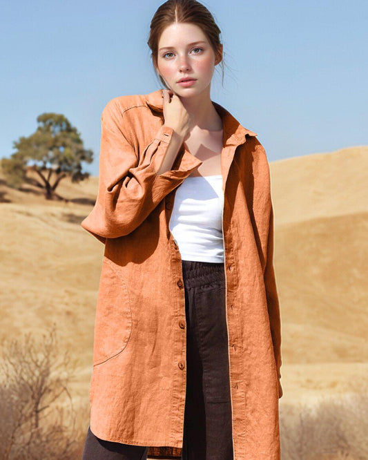 Linen Shirt for Women, Longline Button-Down, Relaxed Tunic Top, Lightweight Layering, Casual Boho Shirt | SKU.25T22T2K