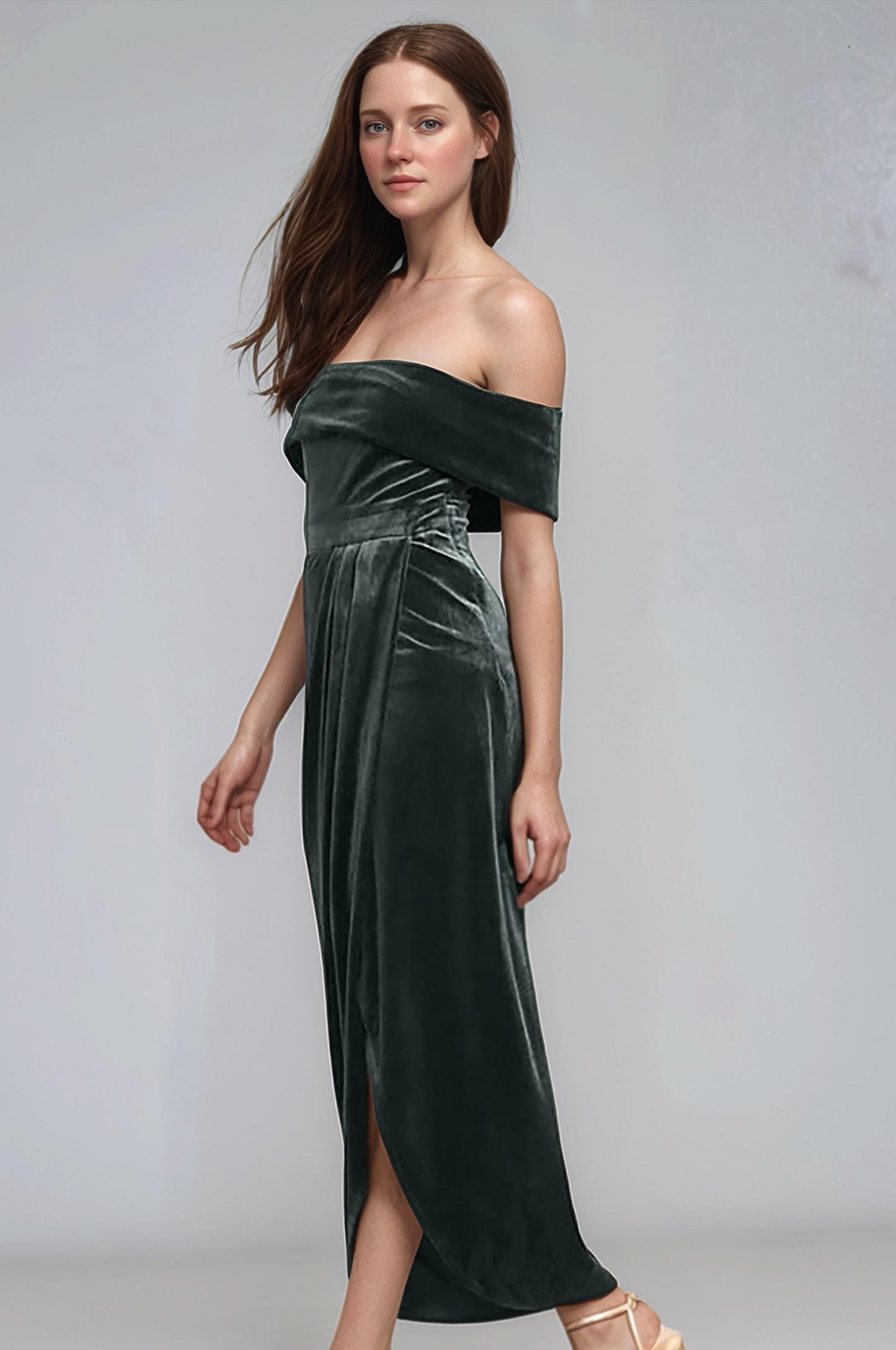 Emerald Green Velvet Off Shoulder Midi Dress – Elegant Slit Cocktail Gown | SKU.24T17T5K