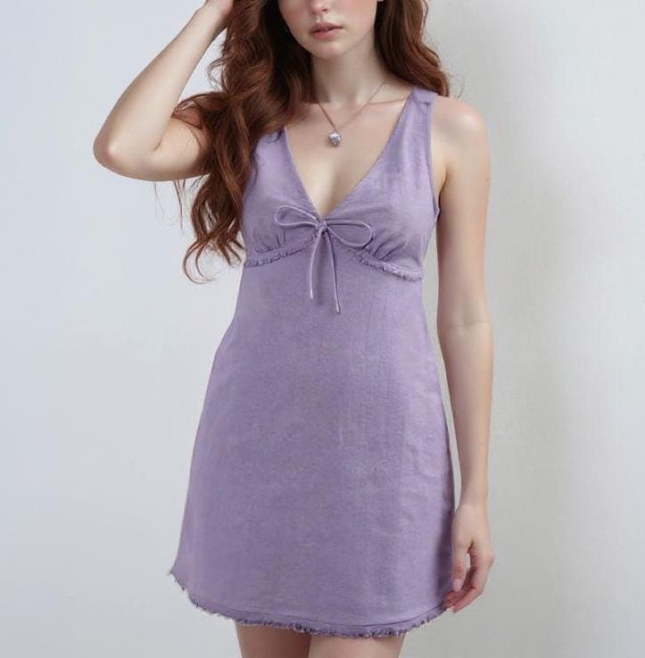 Lavender Linen Mini Dress – Deep V Neck, Bow Front, Custom Fit, Summer Sleeveless Dress for Women | SKU.25T15T5H