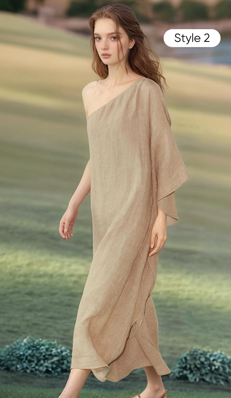 Bohemian One Shoulder Linen Maxi Dress - Embroidered Asymmetrical Kaftan | SKU.241225B