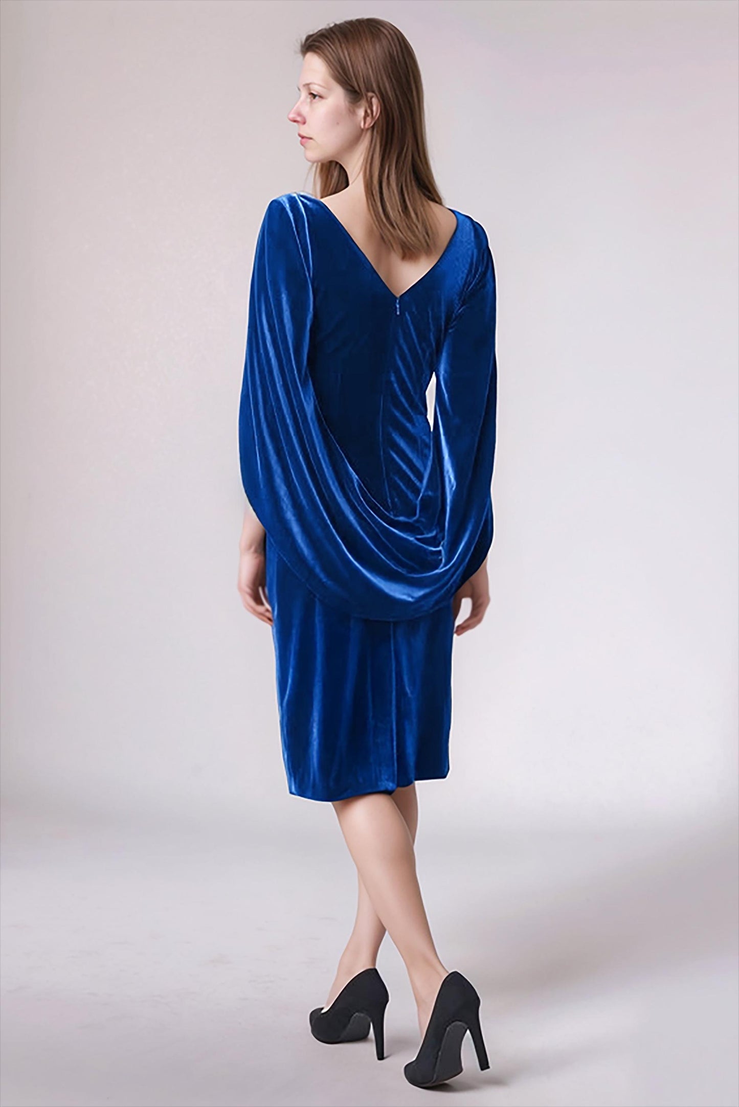 Royal Blue Velvet Cape Sleeve Dress – Elegant Draped Shift Dress for Evening or Holiday Parties | SKU.25T17T6Z