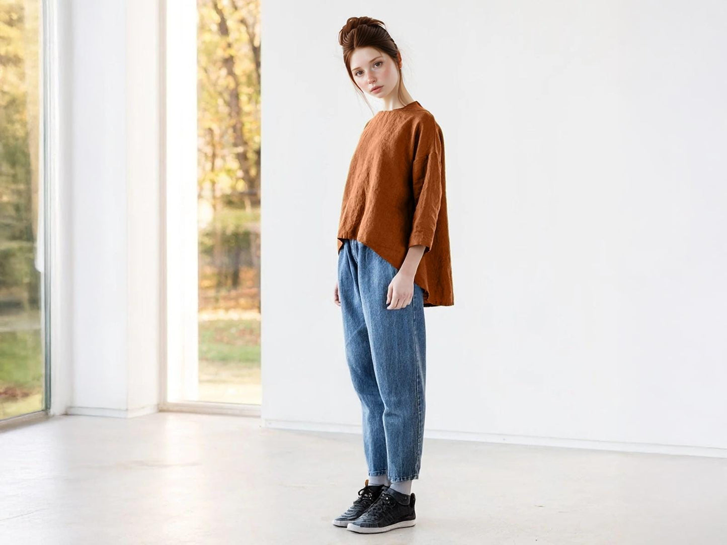 Linen Trapeze Top, Loose Fit Boxy Shirt, Cropped Front, Minimalist Linen Top, Casual Women's Shirt | SKU.25T22T3D