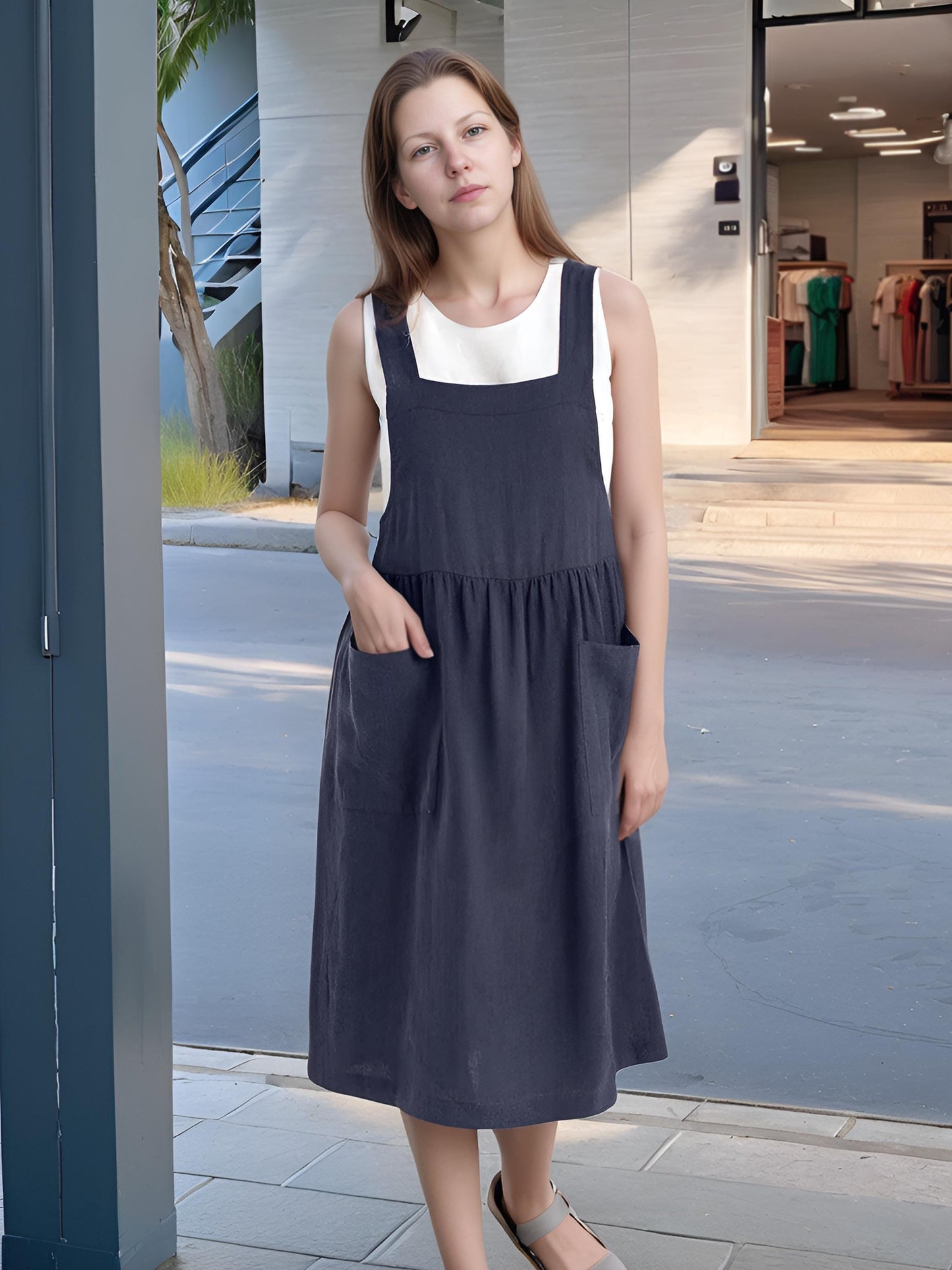 Timeless Navy Blue Linen Pinafore Dress – Casual & Chic with Pockets | SKU.25T09T6C