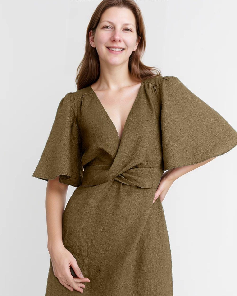 Olive Linen Wrap Maxi Dress, Flutter Sleeve Summer Dress, Handmade Boho Casual Long Dress with Belt | SKU.25T14T7B