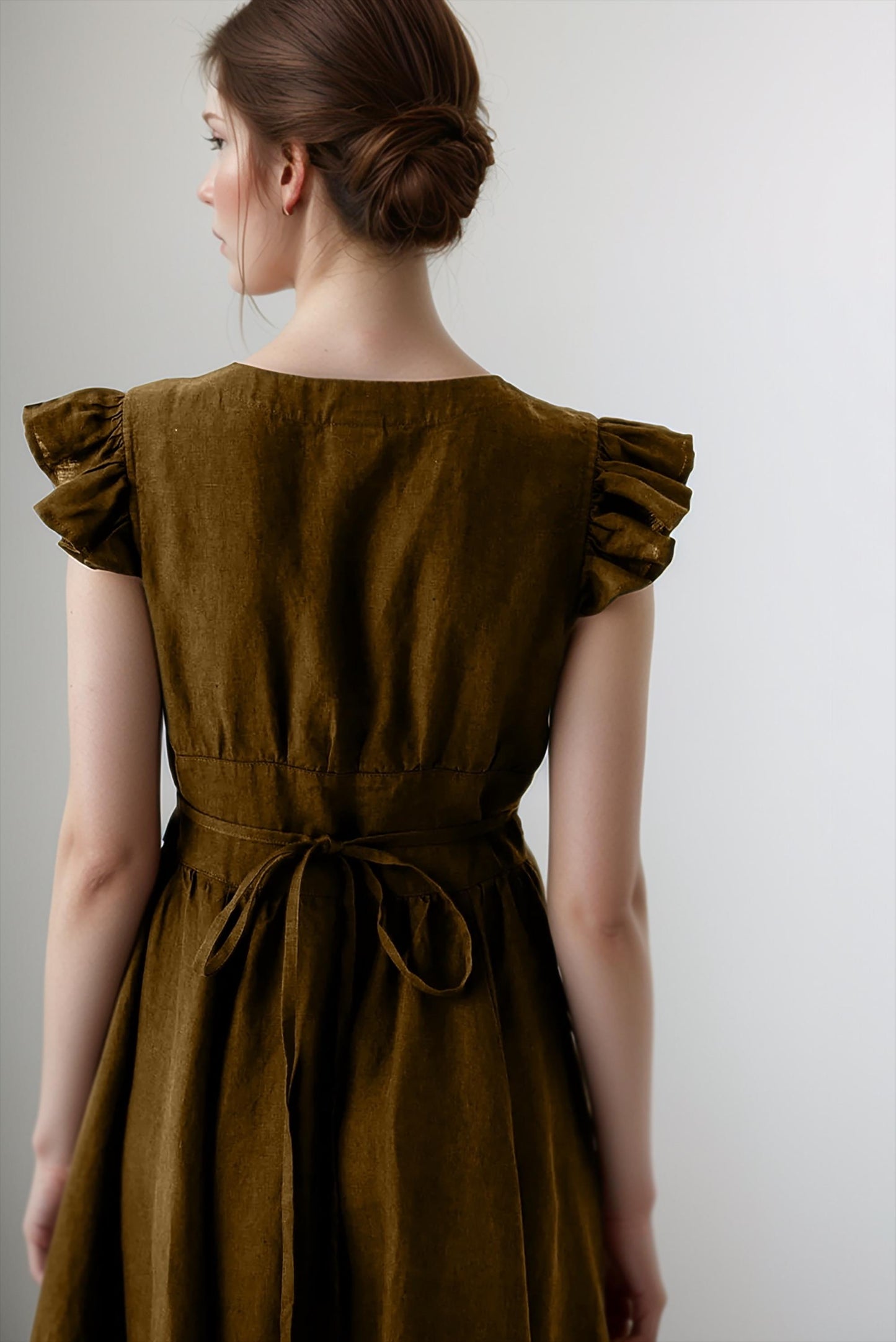 Vintage-Inspired Linen Midi Dress – Elegant Ruffled Cap Sleeve Dress with Button-Front | SKU.25T11T5H