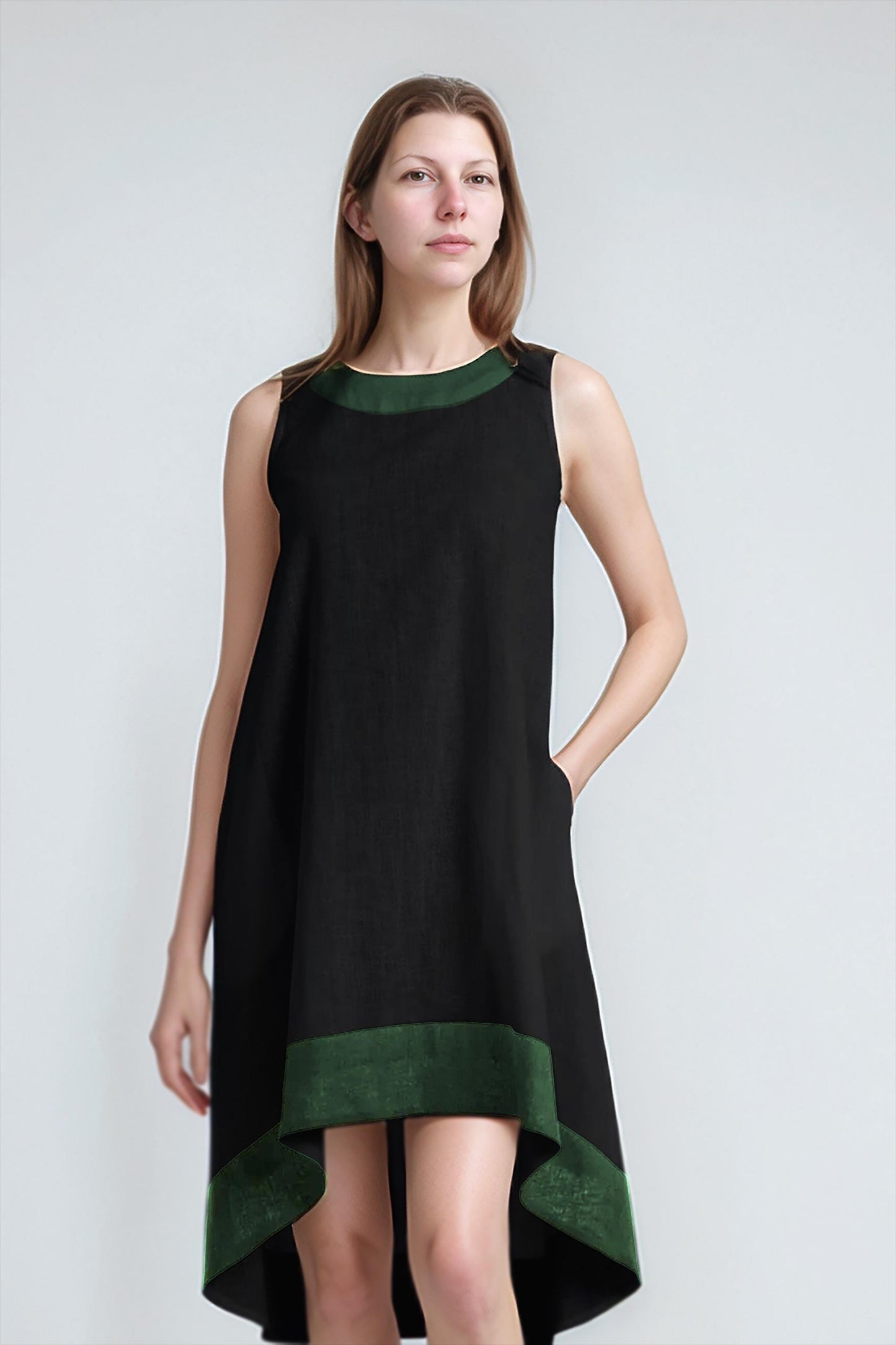 Black Linen Sleeveless Dress – High Low Hem A-Line Dress with Green Trim | SKU.25T11T3E