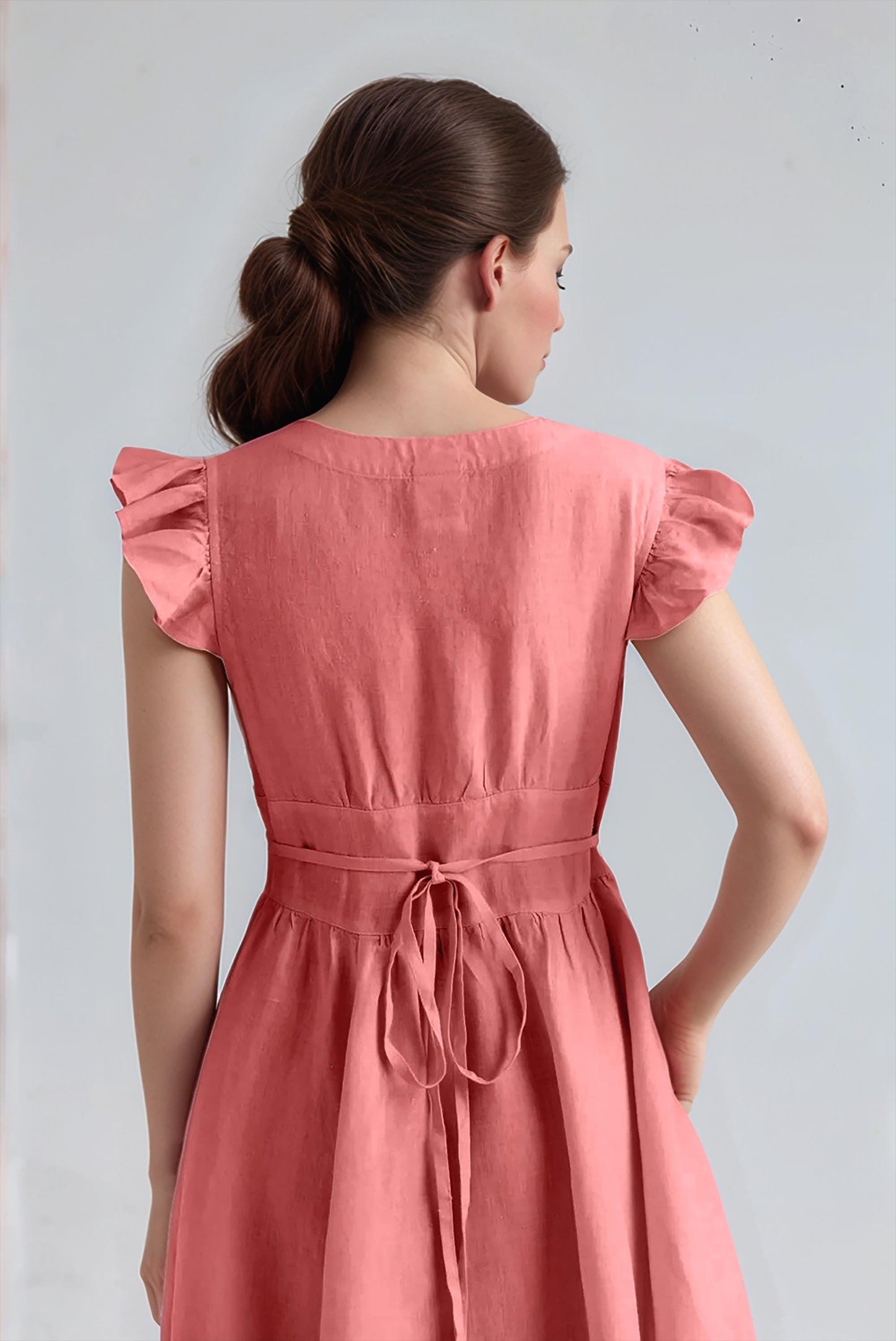 Rustic Ruffle Sleeve Linen Dress – Vintage-Inspired Summer Midi Dress with Button Front & Tie Waist | SKU.25T11T5F