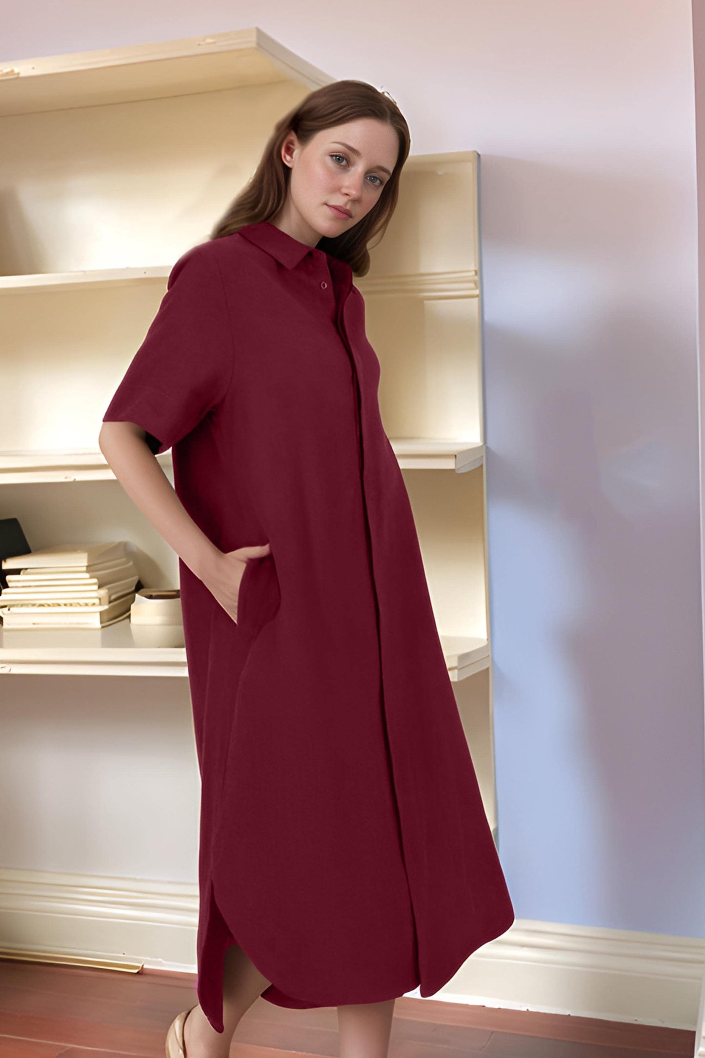 Loose Fit Linen Shirt Dress - Burgundy Midi Dress with Pockets | SKU.25T09T7F