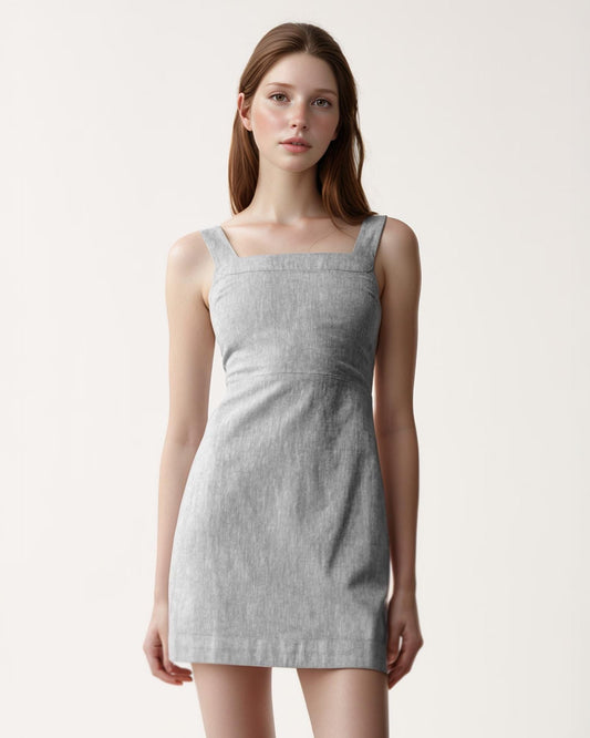 Custom Linen Mini Dress – Elastic Linen Short Dress with Square Neckline, Summer Casual Fit, Made to Order | SKU.25T15T5N