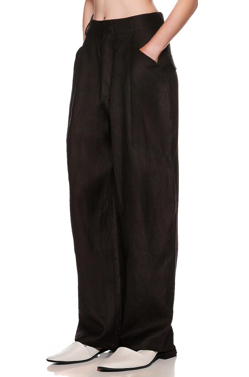 Wide Leg Black Linen Pants for Women - High Waist Summer Trousers with Pockets, Lightweight Loose Fit | SKU.25T22T4M