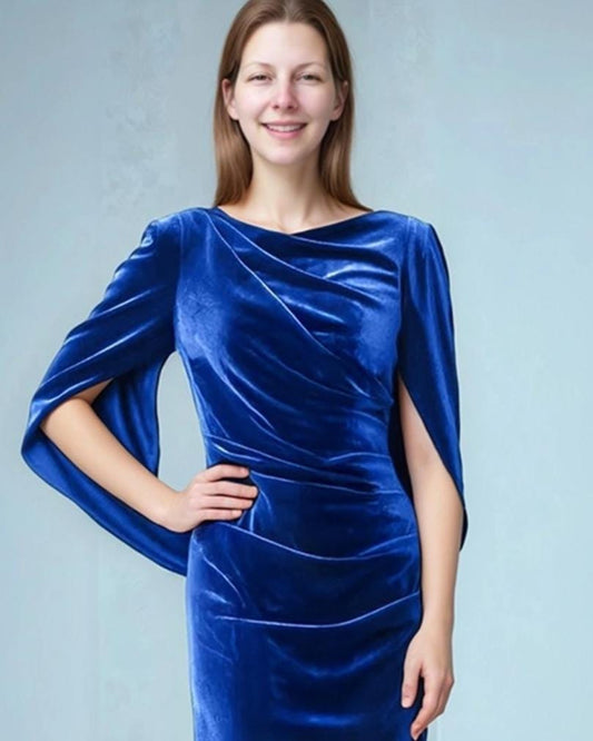 Royal Blue Velvet Cape Sleeve Dress – Elegant Draped Shift Dress for Evening or Holiday Parties | SKU.25T17T6Z
