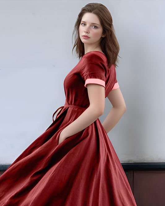 Rust Red Linen Wrap Dress – Short Sleeve Midi Dress with Belt for Effortless Elegance | SKU.25T11T5D