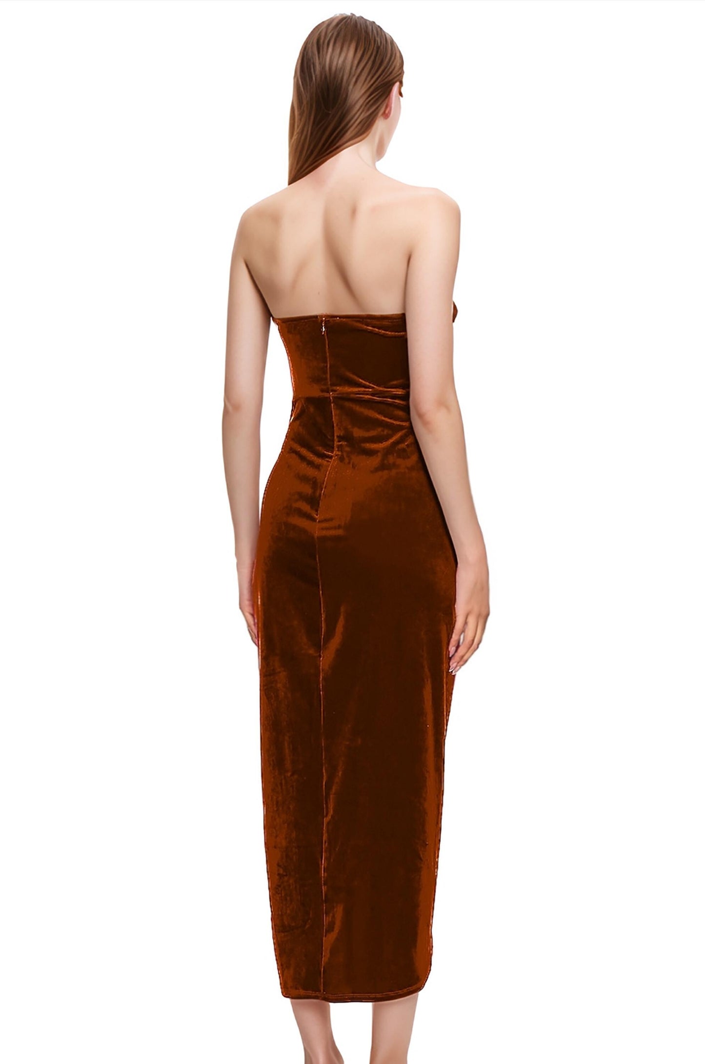 Rust Brown Velvet Strapless Midi Dress – Sweetheart Neckline Party Gown with Front Slit | SKU.24T17T5L