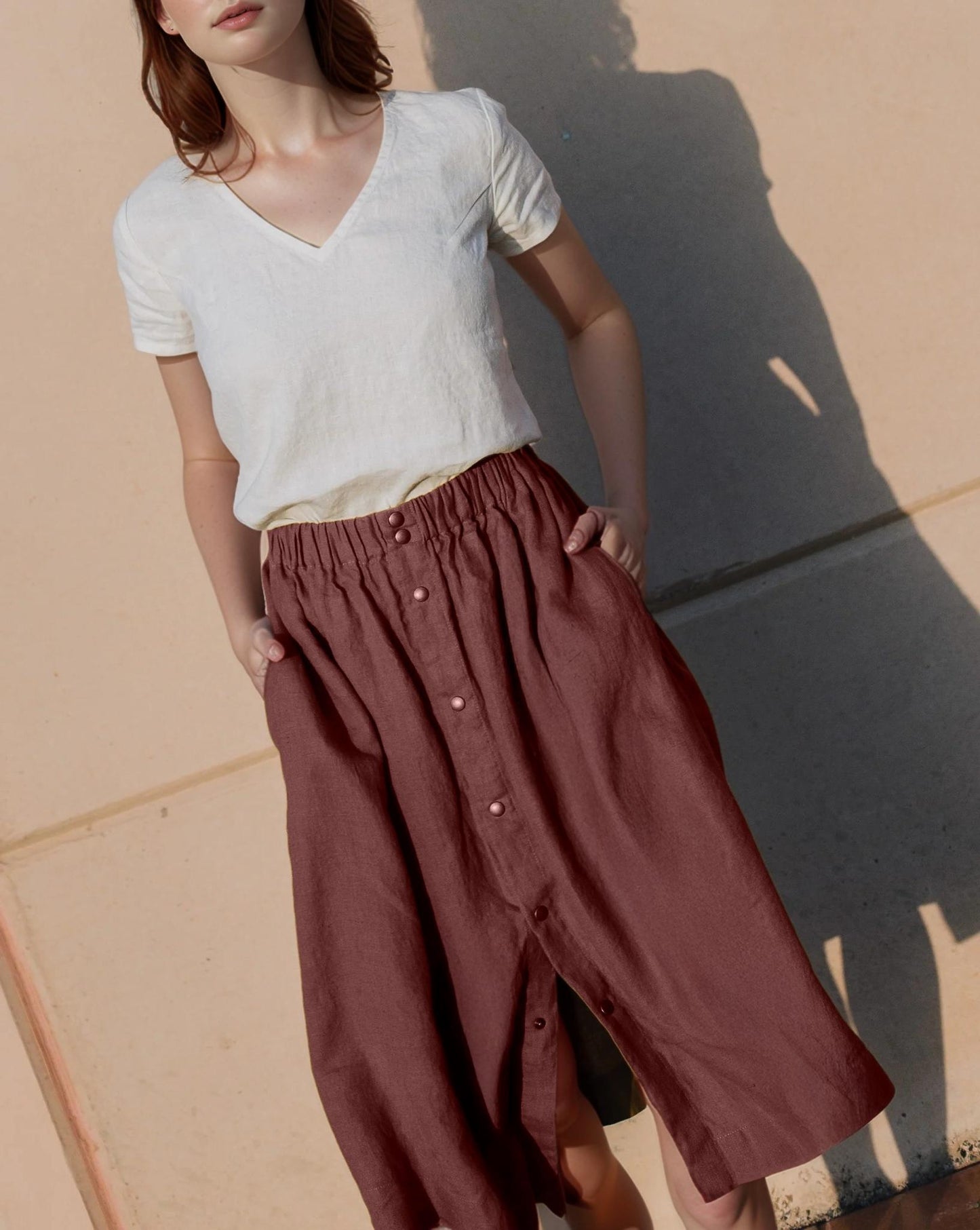Vintage-Inspired Linen Midi Skirt with Brass Snap Buttons, High-Waist Elastic A-Line Skirt, Flowing Comfortable Summer Skirt | SKU.25T22T2W