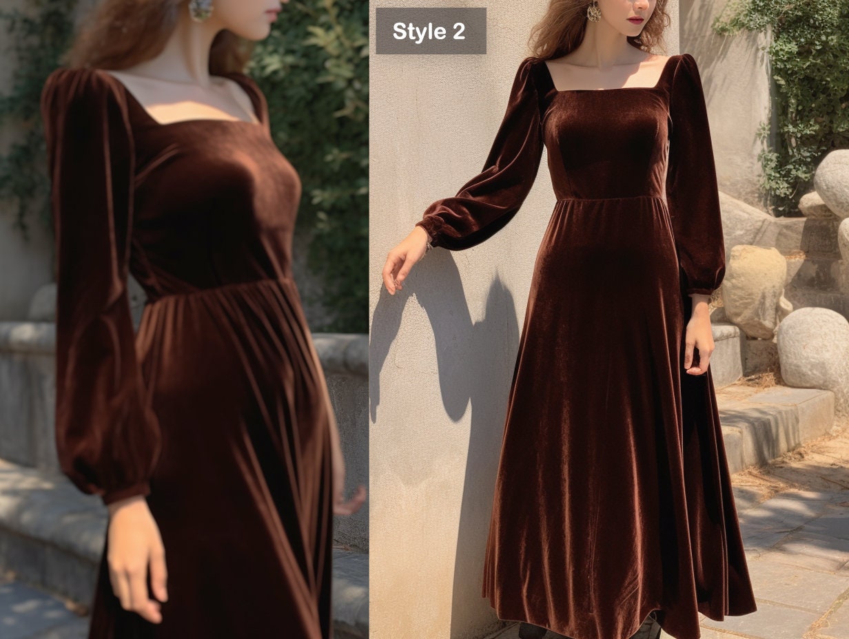 Chic Midi Velvet Dress with Puff Sleeves and Square Neckline - Closed Back - Bridesmaid or Evening Dress | Customizable | Personalizable