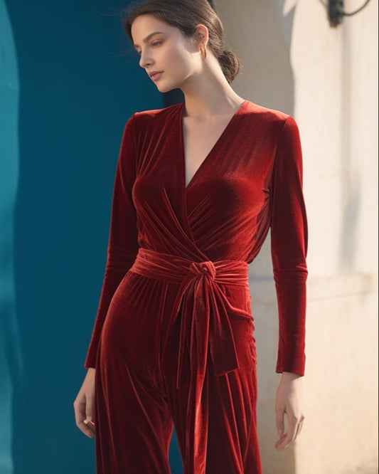 Chic Red Velvet Wide Leg Jumpsuit | Long Sleeves, Wrap Neck, Self-Tie Belt | Stylish Fall & Spring Outfit | Customizable | Personalizable